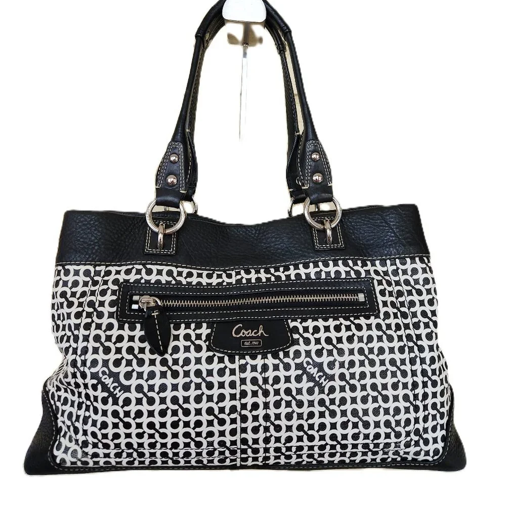 Like New Coach Signature Op Art Black & White Handbag Tote Purse